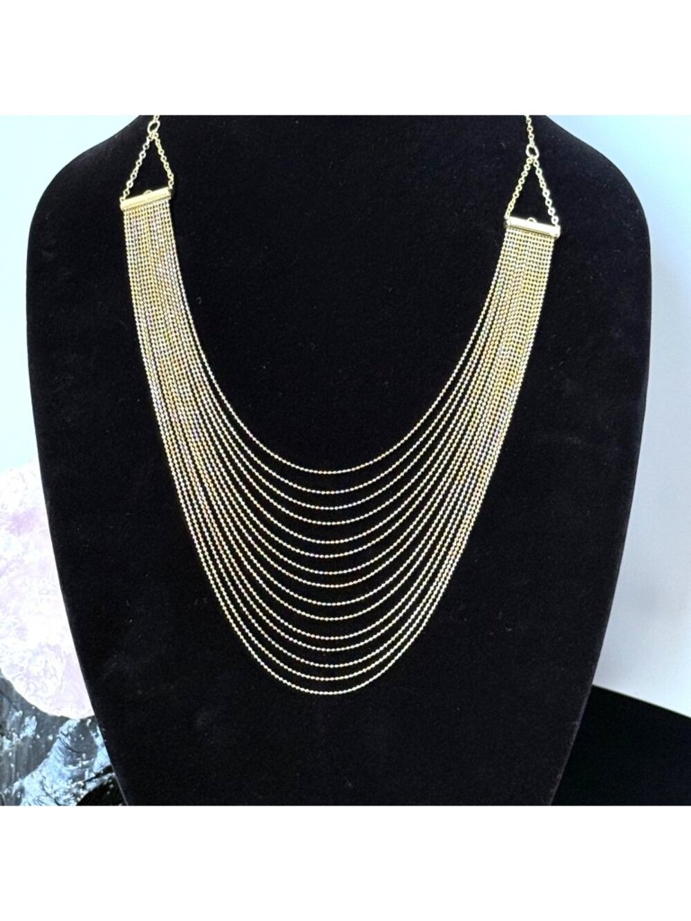 Fluid Ball Chain Waterfall Collar Dramatic Gold Tone 15-Strand Festoon Bib Neckl